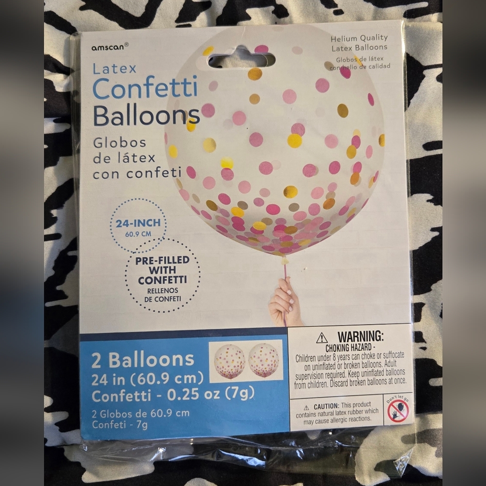 24" 2 Pk Amscan Latex Confetti Balloons - Pink, Gold, Clear.